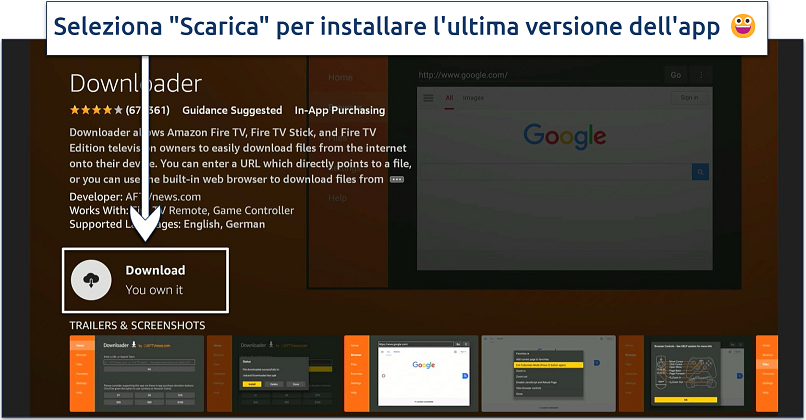 Screenshot che mostra come installare l'app Downloader