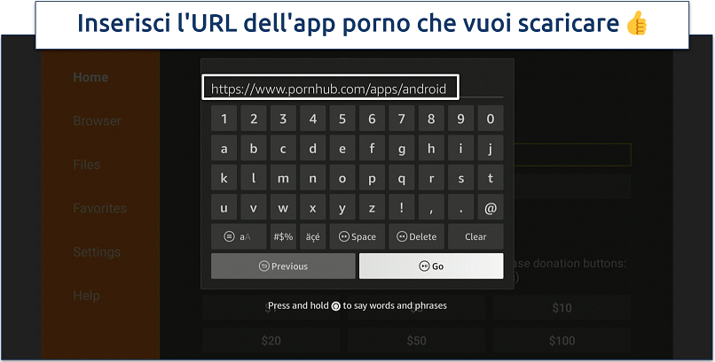 Screenshot che mostra come inserire l'URL dell'app porno che vuoi scaricare