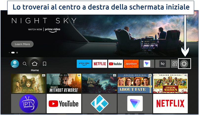 Screenshot che mostra come accedere alle impostazioni su Firestick