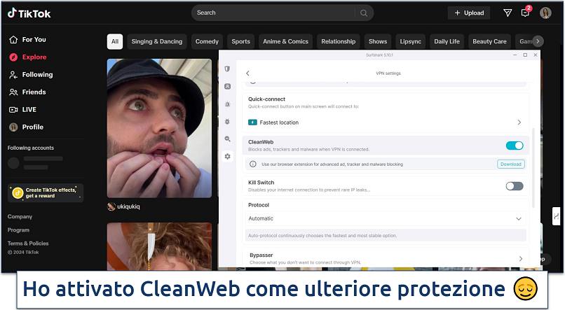 Screenshot of TikTok's Explore page with Surfshark's VPN settings visible