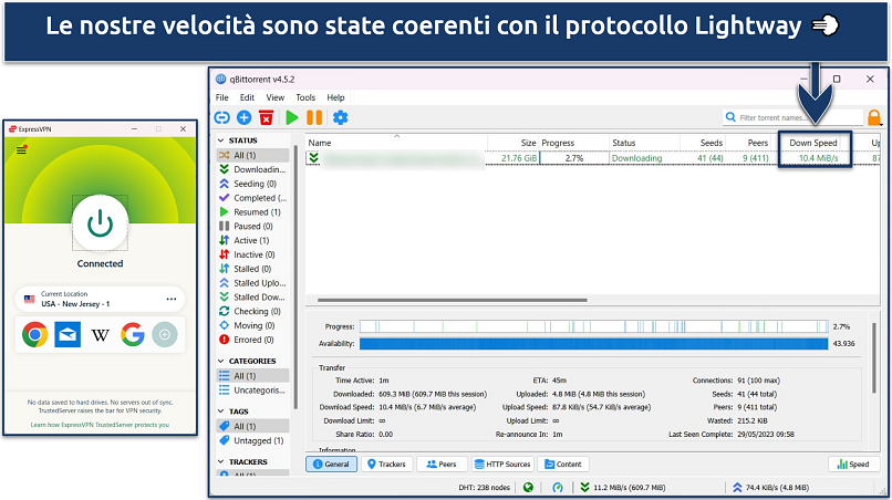 Screenshot che mostra download di torrent veloci con ExpressVPN