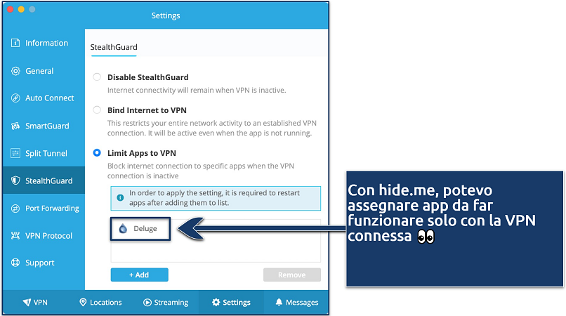 Screenshot che mostra come limitare le app alla VPN nell'app hide.me