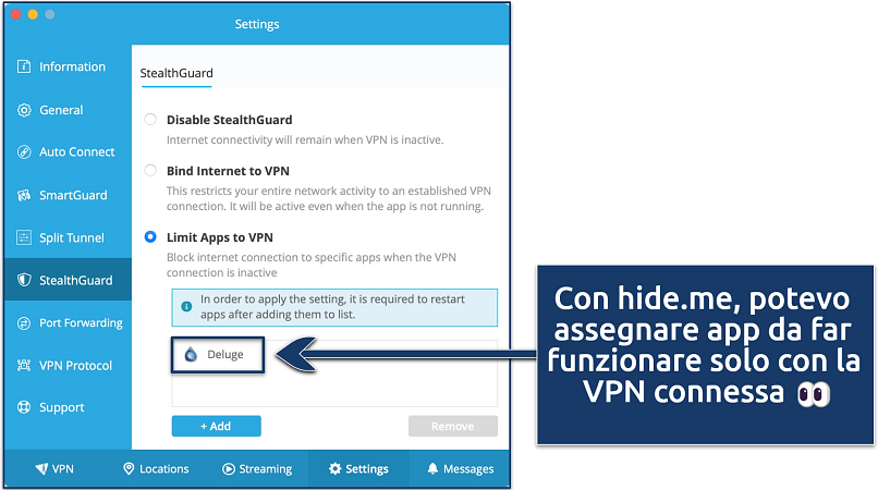 Screenshot che mostra come limitare le app alla VPN nell'app hide.me