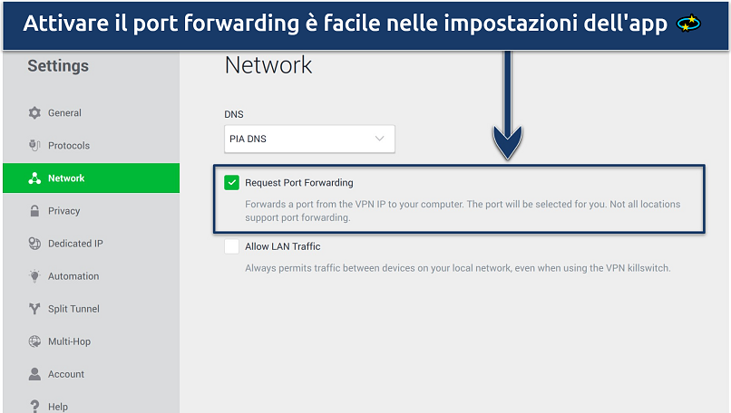 Screenshot che mostra come attivare il port forwarding di PIA