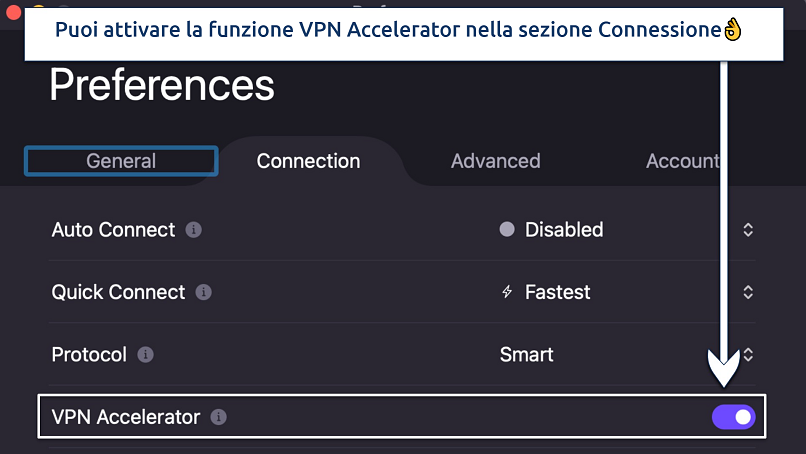 Screenshot che mostra come attivare VPN Accelerator nel pannello delle preferenze di Proton VPN