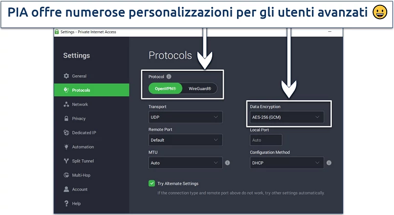 Screenshot of PIA's Windows app showing customizable security features