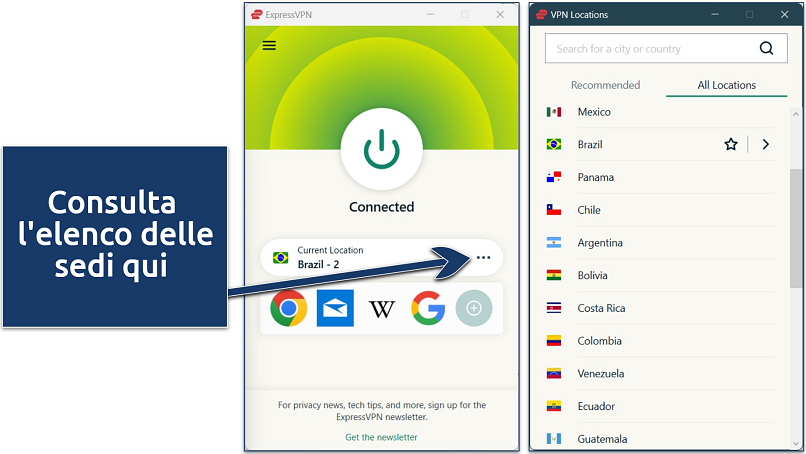 Screenshot of ExpressVPN's Windows app connected to a Brazil IP address