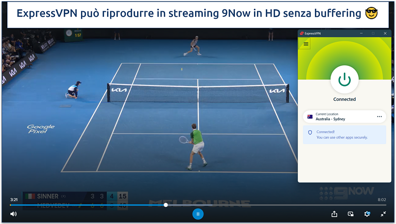 Screenshot della trasmissione degli Australian Open su 9Now con ExpressVPN connesso a Sydney, Australia