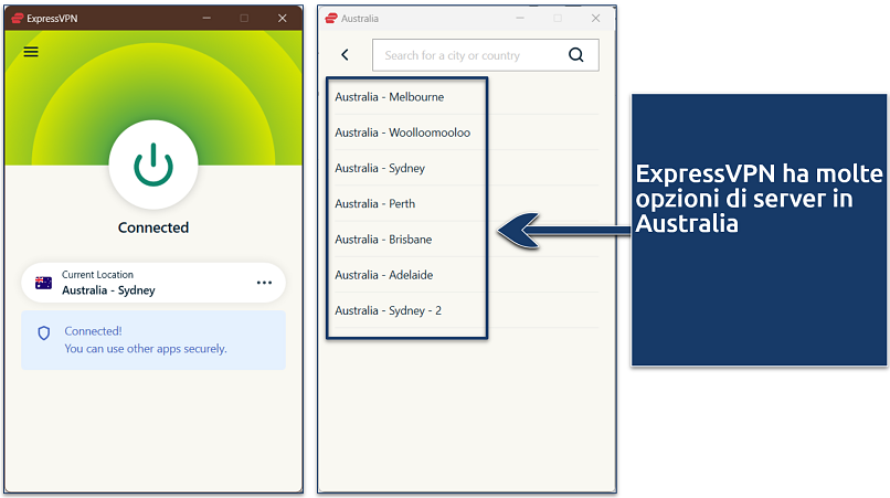 Screenshot dell'app di ExpressVPN per Windows connessa a Sydney, Australia