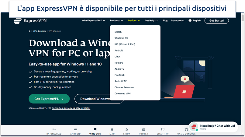 Screenshot del sito di ExpressVPN che mostra la sua pagina di download per Windows