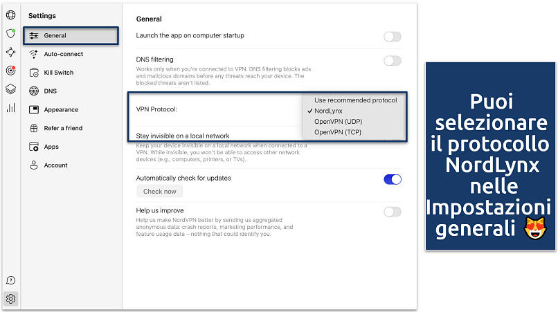 Screenshot of the NordVPN General Settings