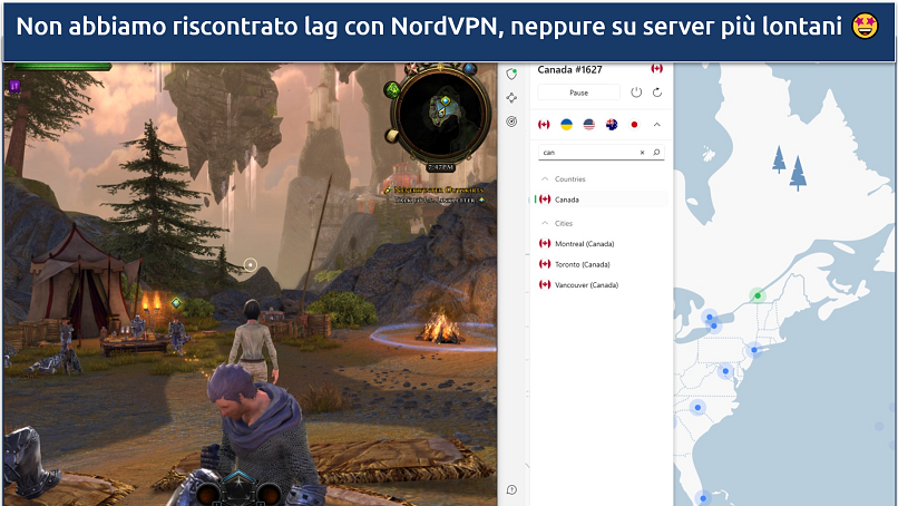 A screenshot of Neverwinter connected to NordVPN's Canada server