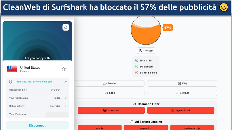 A screenshot of an ad blocking test while using Surfshark's CleanWeb