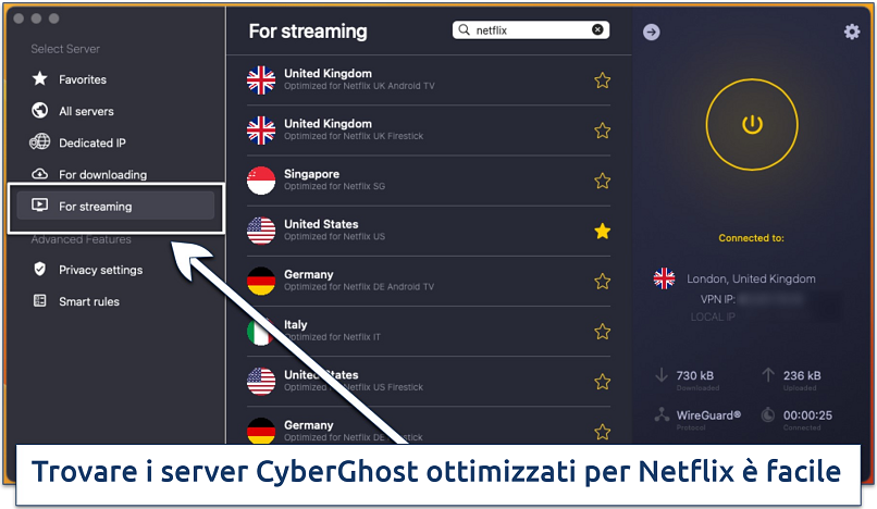 Screenshot dell’elenco dei server CyberGhost ottimizzati per lo streaming su Netflix