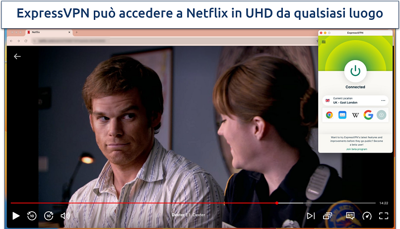 Screenshot di Dexter in streaming su Netflix UK con la connessione a ExpressVPN