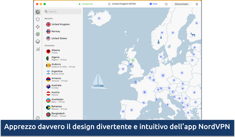 Screenshot della mappa interattiva e dell’elenco dei server nell’app NordVPN