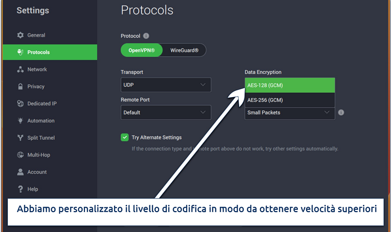 Screenshot delle impostazioni dei Protocolli nell’app di PIA