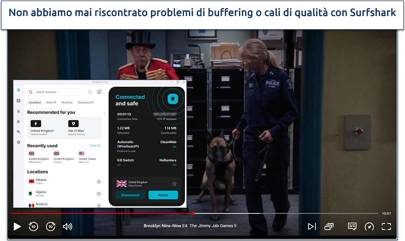 Screenshot di Brooklyn Nine-Nine in streaming su Netflix con la connessione alla VPN Surfshark