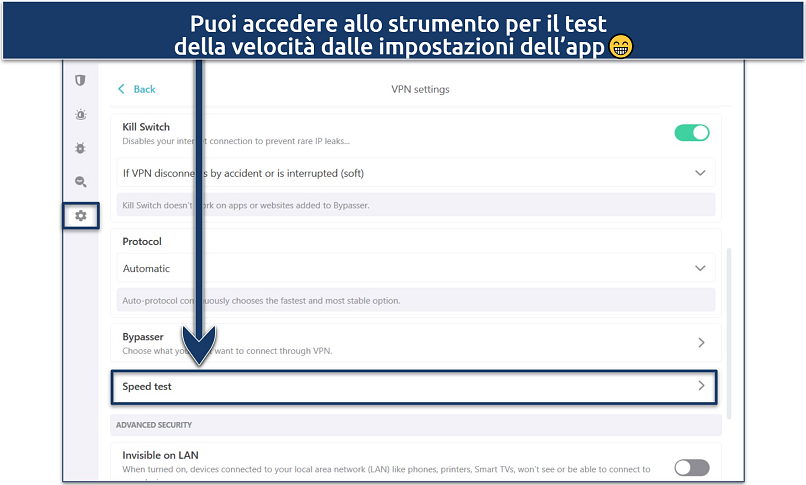 Screenshot showing how to access Surfshark's speed test tool