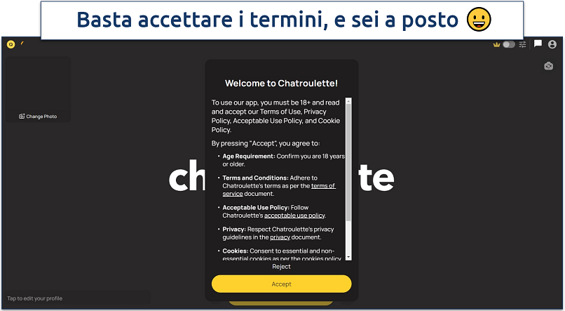 Screenshot dei termini di servizio di Chatroulette