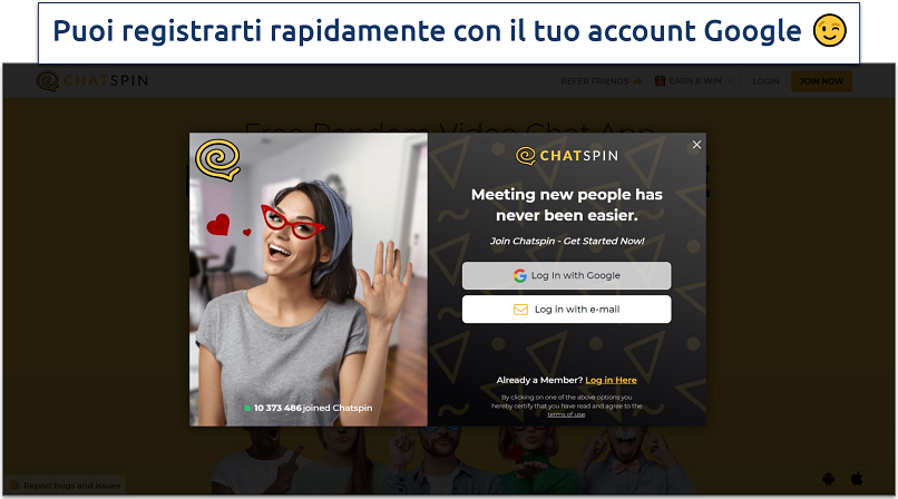 Screenshot della schermata di registrazione di ChatSpin