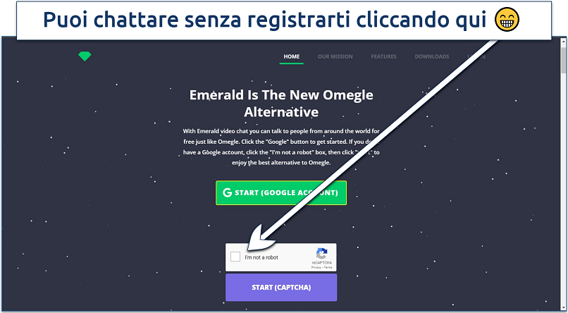 Screenshot della homepage di Emerald Chat con istruzioni su come registrarsi