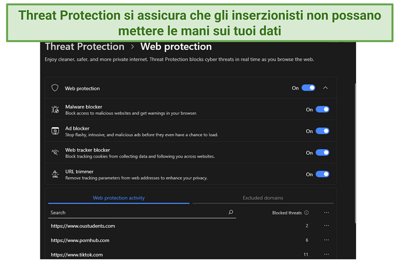 A screenshot of NordVPN's Threat Protection showing its customizable features