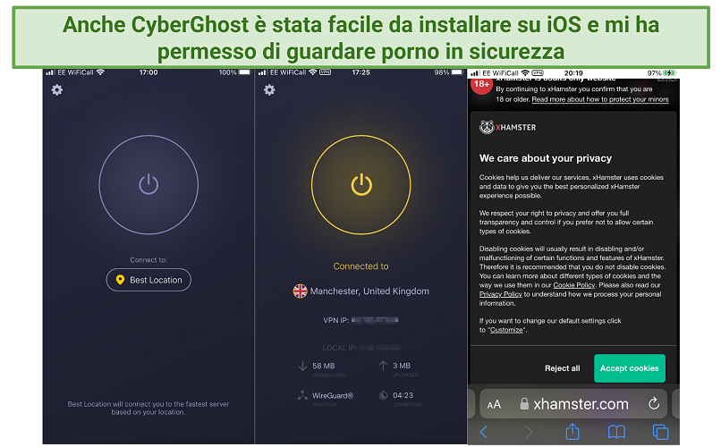 A screenshot showing the CyberGhost iOS app connecting to a server in the UK for watching porn safely on xHamster