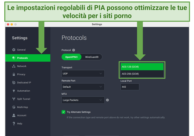 A screenshot showing how to switch encryption levels in the settings panel on the PIA app