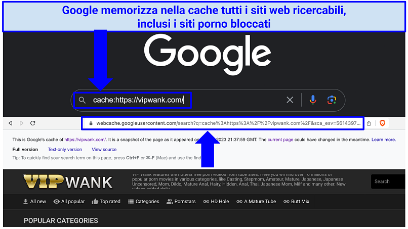 A screenshot showing how to use Google's Search Engine Cache to access blocked porn sites