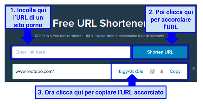 A screenshot showing you can shorten a link to your porn site with just a couple of clicks