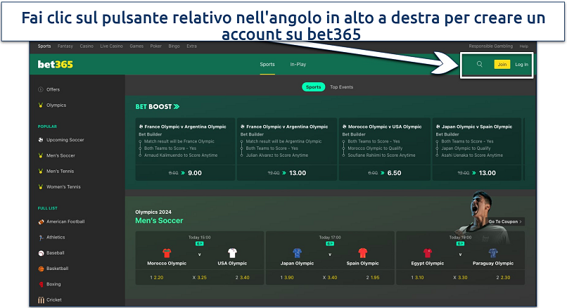 Screenshot of the bet365 platform home page