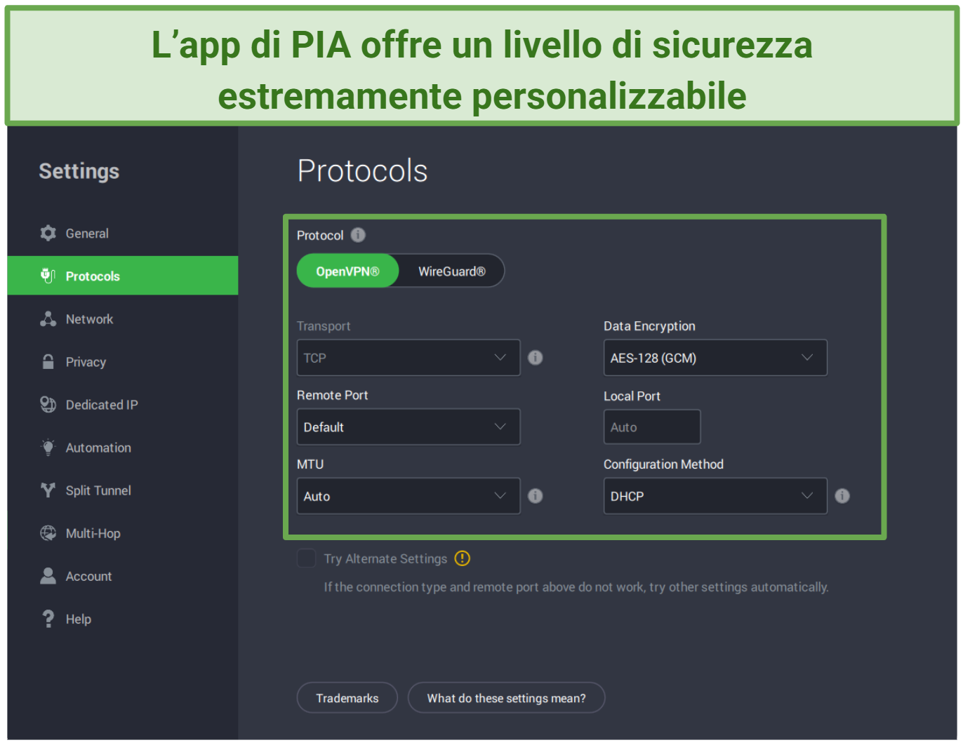 Screenshot delle impostazioni di sicurezza estremamente personalizzabili di PIA