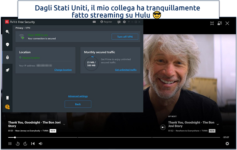 Screenshot showing a show playing on Hulu with Avira Phantom VPN connected