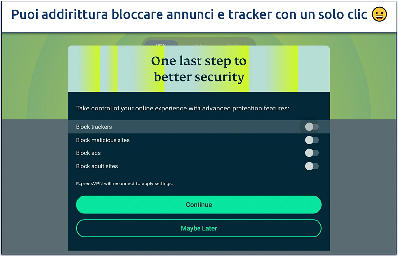 Screenshot che mostra le funzionalità avanzate di protezione di ExpressVPN sulla sua app per Firestick