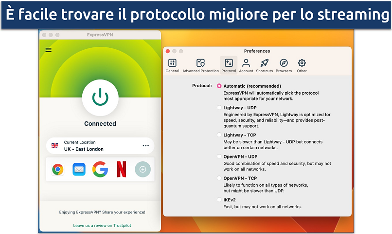 Schermata dell’elenco dei protocolli nell’app ExpressVPN