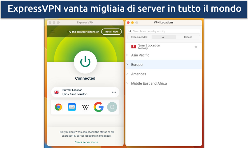 Schermata delle sedi server nell’app ExpressVPN