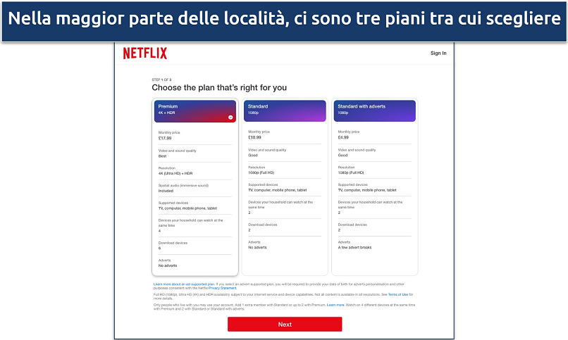 Screenshot dei tre piani tariffari disponibili per Netflix UK