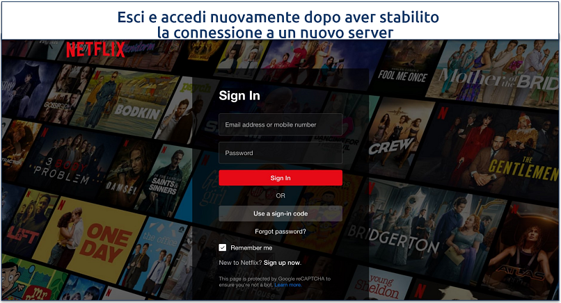 Schermata della pagina di accesso di Netflix