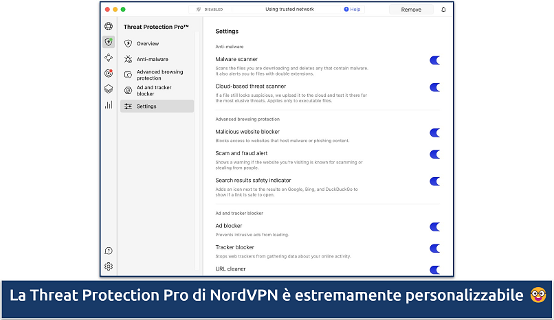 Screenshot showing the settings for NordVPN's Threat Protection Pro