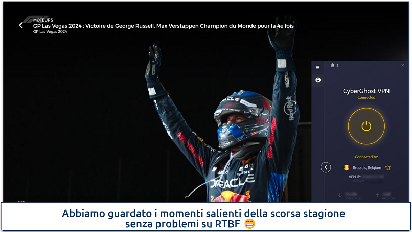 Guardando i momenti salienti della stagione di F1 su RTBF con CyberGhost collegato al Belgio