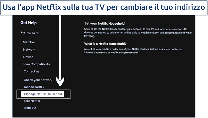 Screenshot che mostra come modificare l'indirizzo domestico Netflix sull'app della Smart TV