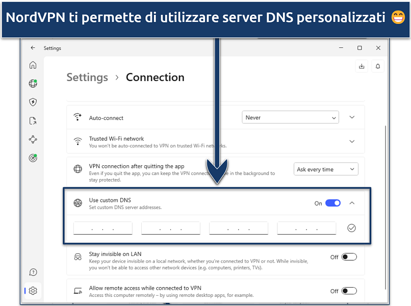 Screenshot che mostra come cambiare l’indirizzo del server DNS sull'app NordVPN per Windows