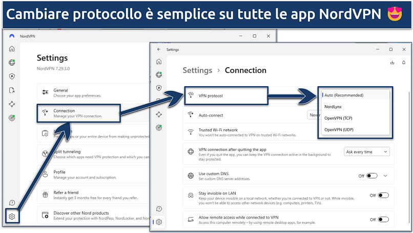 Screenshot che mostra come passare tra diversi protocolli sull'app NordVPN