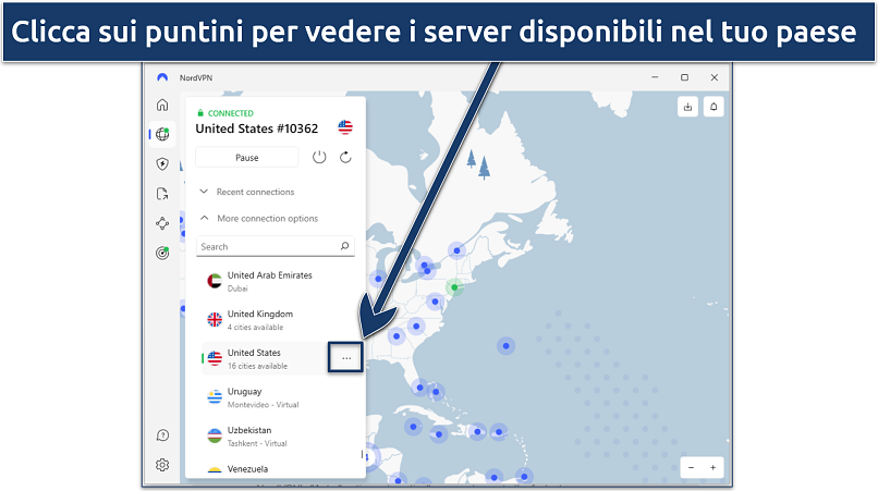 Screenshot che mostra come trovare diversi server sull'app NordVPN