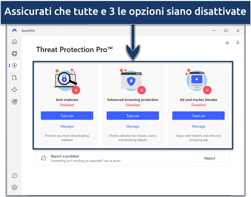 Screenshot che mostra come disattivare Protezione Minacce Pro sull'app NordVPN per Windows