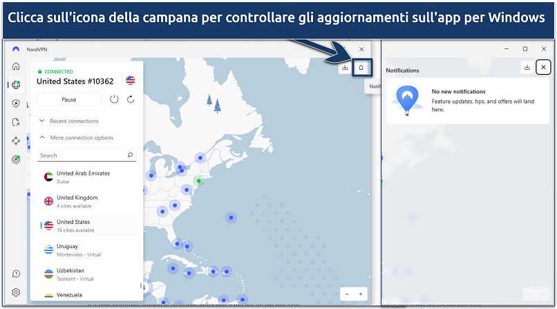 Screenshot che mostra come verificare aggiornamenti sull'app di NordVPN per Windows