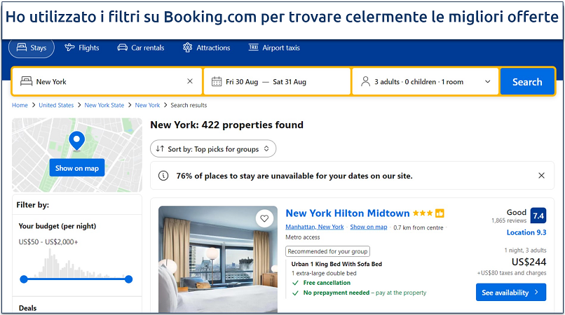 Uno screenshot che mostra la home page di Booking.com insieme alle opzioni di filtro per cercare facilmente un hotel, un volo o un’auto