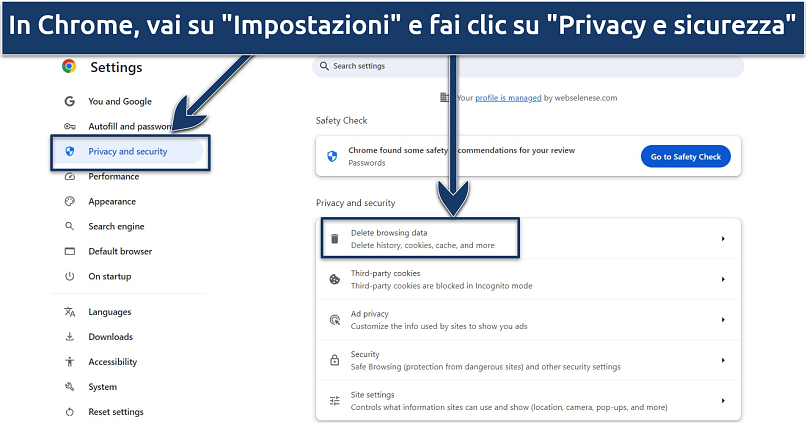 Uno screenshot che mostra come cancellare i cookie e la cache in Chrome