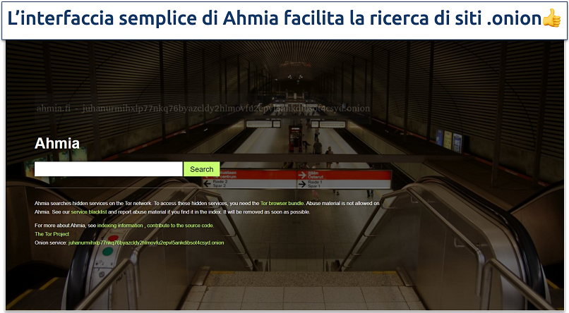 Immagine che mostra la pagina iniziale del browser Ahmia